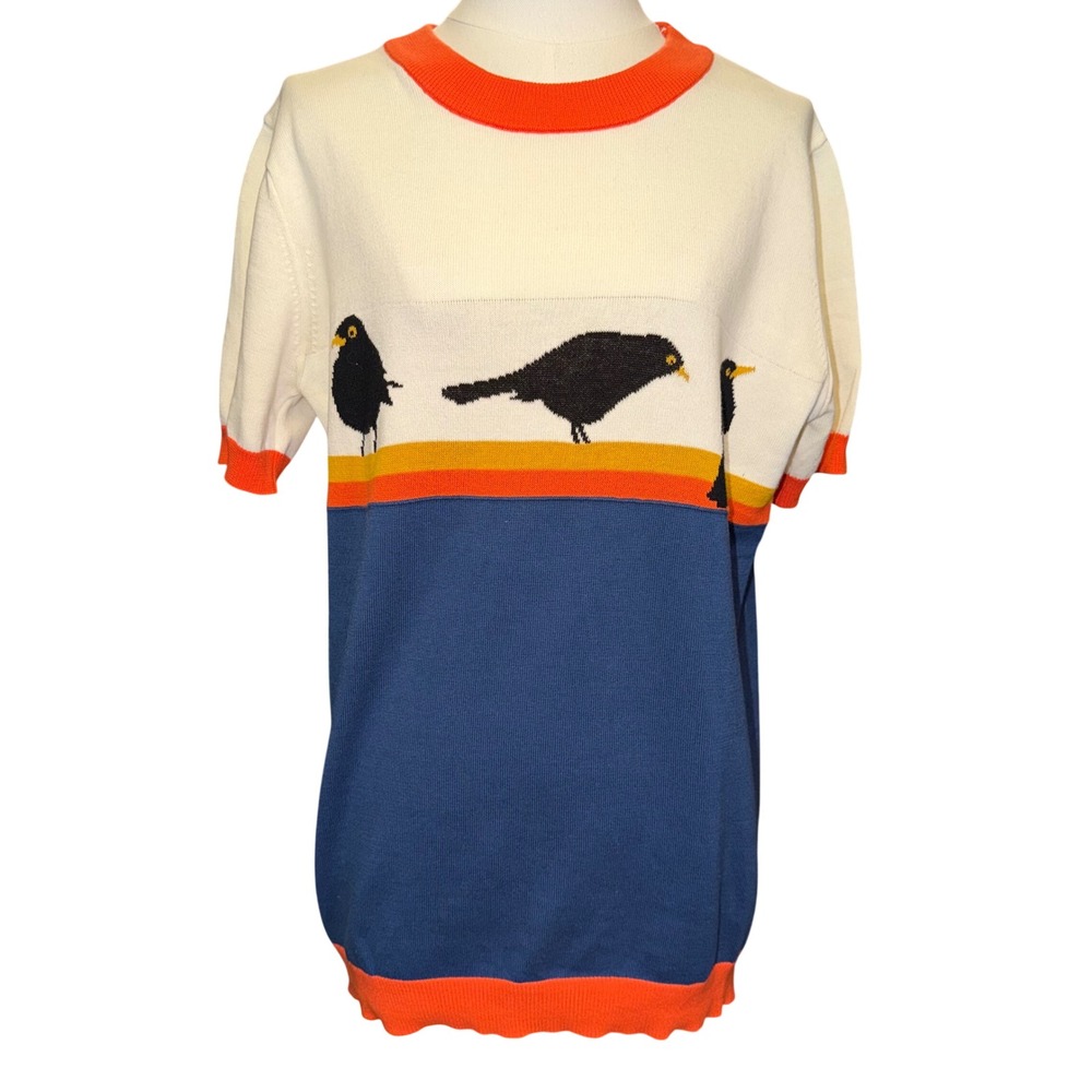 Oxknit Bird Graphic Knit Top Unisex Large Multi Good Retro 70s Colorblock